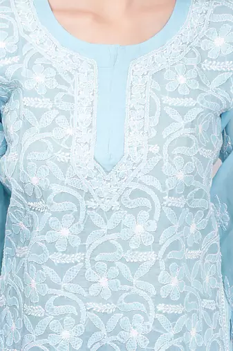 Blue embroidered cotton chikankari-kurtis