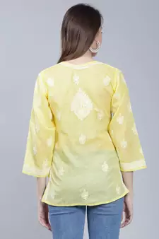 Yellow embroidered cotton chikankari-kurtis