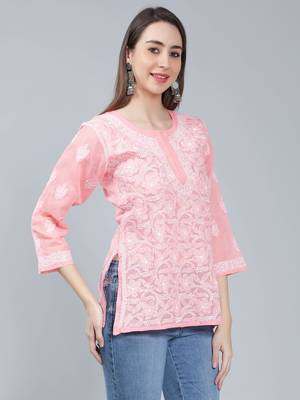Peach embroidered cotton chikankari-kurtis 3