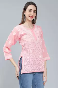 Peach embroidered cotton chikankari-kurtis
