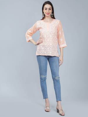 Peach embroidered cotton chikankari-kurtis 2
