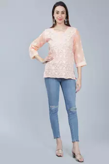 Peach embroidered cotton chikankari-kurtis