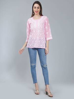 Pink embroidered cotton chikankari-kurtis 1