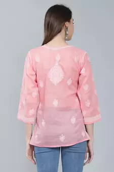Peach embroidered cotton chikankari-kurtis