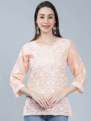 Peach embroidered cotton chikankari-kurtis 3