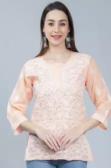 Peach embroidered cotton chikankari-kurtis