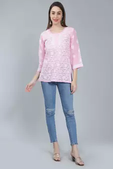Pink embroidered cotton chikankari-kurtis