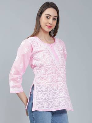 Pink embroidered cotton chikankari-kurtis 3