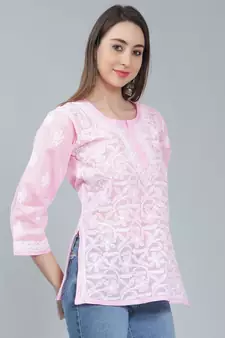 Pink embroidered cotton chikankari-kurtis