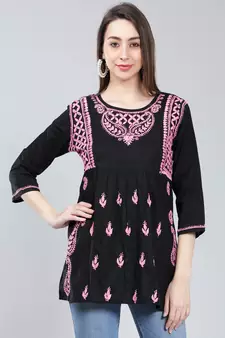 Black embroidered cotton chikankari-kurtis