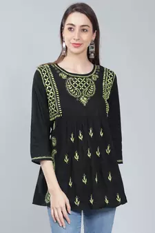 Black embroidered cotton chikankari-kurtis