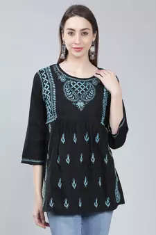 Black embroidered cotton chikankari-kurtis