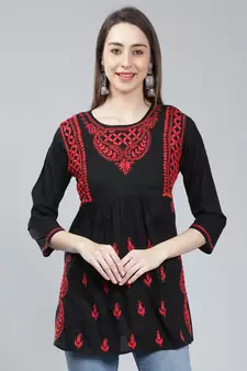Black embroidered cotton chikankari-kurtis