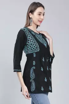 Black embroidered cotton chikankari-kurtis