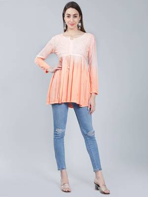 Peach embroidered rayon chikankari-kurtis 1