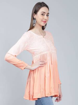 Peach embroidered rayon chikankari-kurtis 3