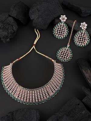 Styylo Fashion Gold-Plated & Green AD-Studded & Stylish Jewellery Set with Earring Maangtika 1