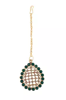 Styylo Fashion Gold-Plated & Green AD-Studded & Stylish Jewellery Set with Earring Maangtika