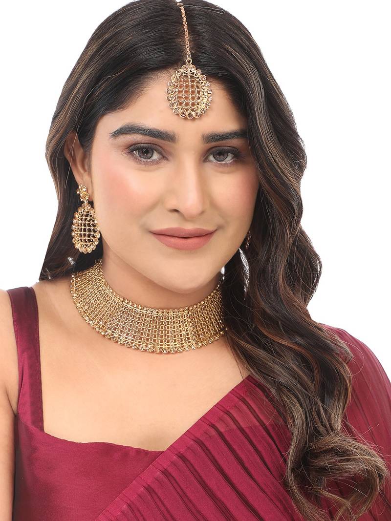 Styylo Fashion Gold-Plated & LCT AD-Studded & Stylish Jewellery Set with Earring Maangtika