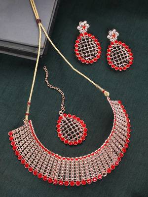 Styylo Fashion Gold-Plated & Red AD-Studded & Stylish Jewellery Set with Earring Maangtika 1