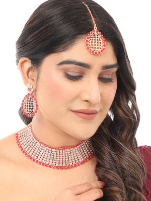 Styylo Fashion Gold-Plated & Red AD-Studded & Stylish Jewellery Set with Earring Maangtika 2