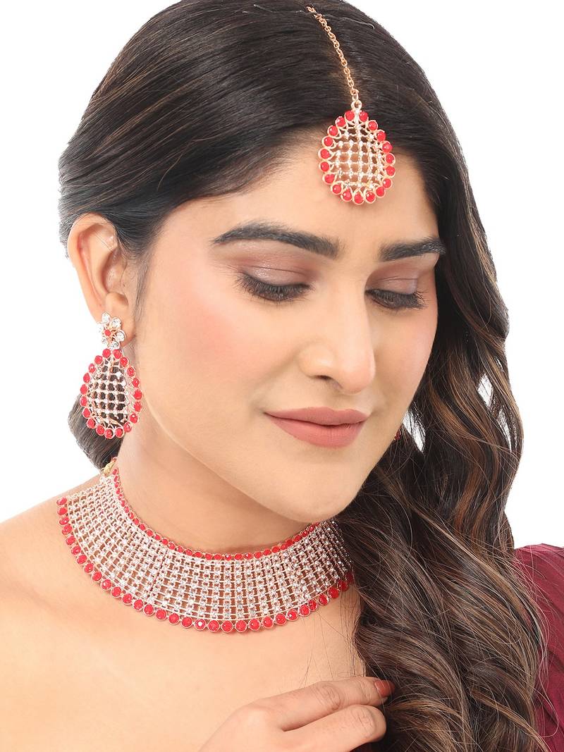 Styylo Fashion Gold-Plated & Red AD-Studded & Stylish Jewellery Set with Earring Maangtika