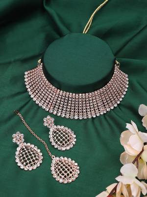 Styylo Fashion Rose Gold-Plated & White AD-Studded & Stylish Jewellery Set with Earring Maangtika 1
