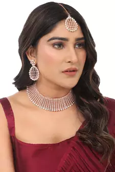Styylo Fashion Rose Gold-Plated & White AD-Studded & Stylish Jewellery Set with Earring Maangtika