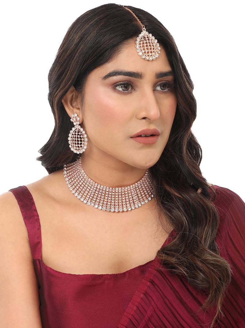 Styylo Fashion Rose Gold-Plated & White AD-Studded & Stylish Jewellery Set with Earring Maangtika