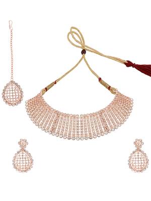 Styylo Fashion Rose Gold-Plated & White AD-Studded & Stylish Jewellery Set with Earring Maangtika 4