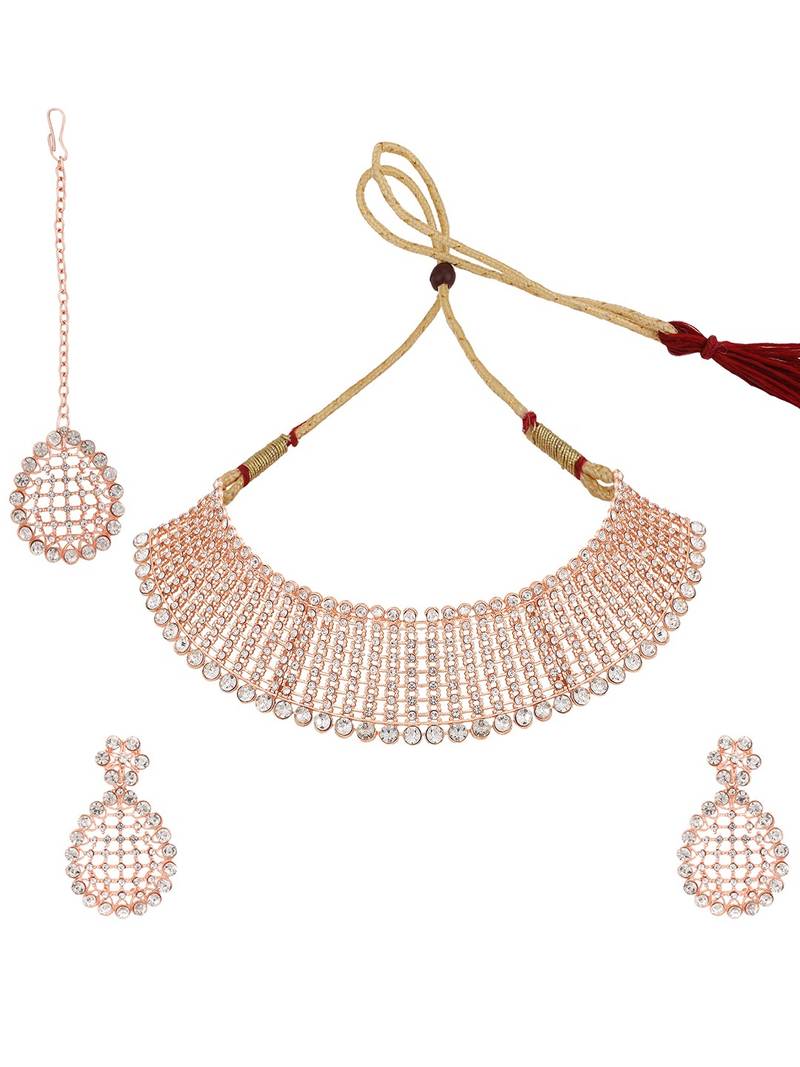 Styylo Fashion Rose Gold-Plated & White AD-Studded & Stylish Jewellery Set with Earring Maangtika