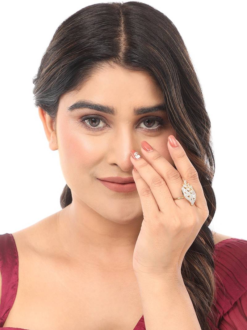 Styylo Fashion AMERICAN DIAMOND GOLD WITH STONE STUDDED COCKTAIL RING