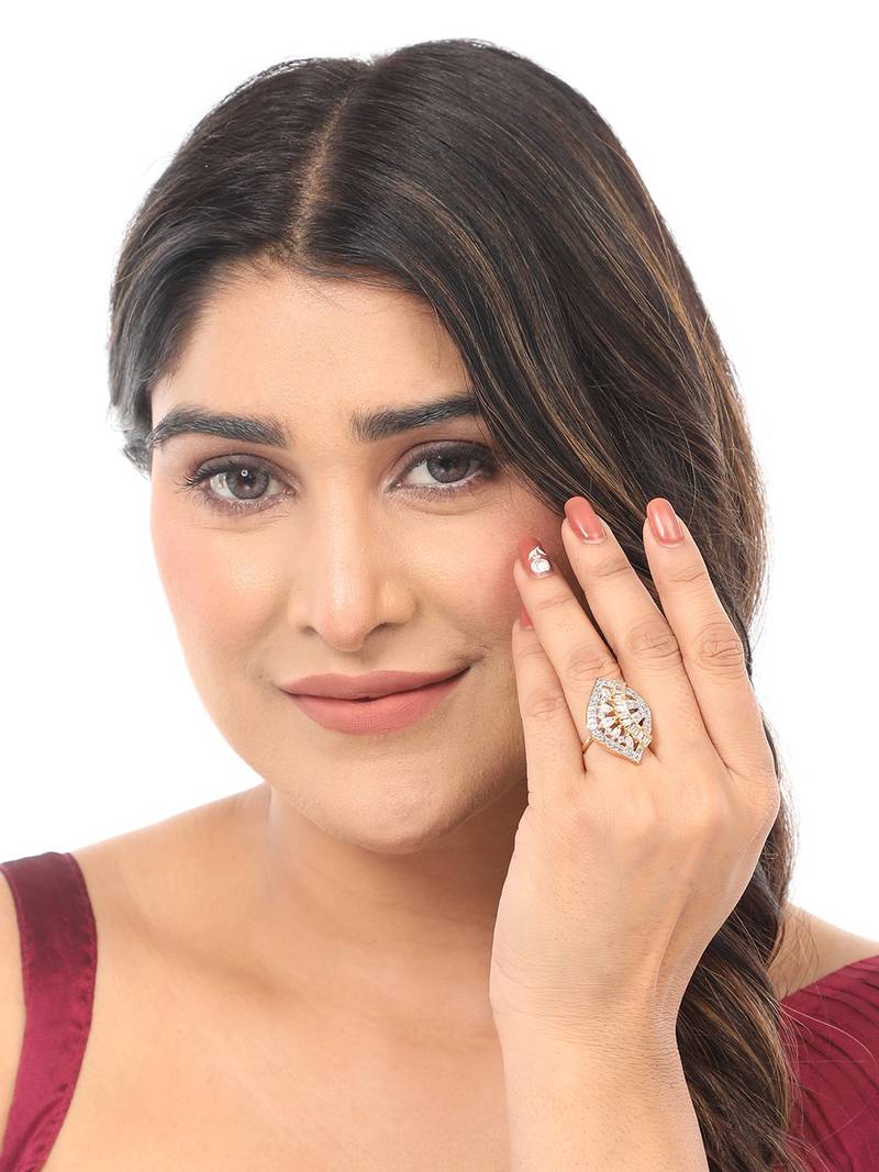 Styylo Fashion Gold Plated White American Diamond Studded Adjustable Cocktail Ring