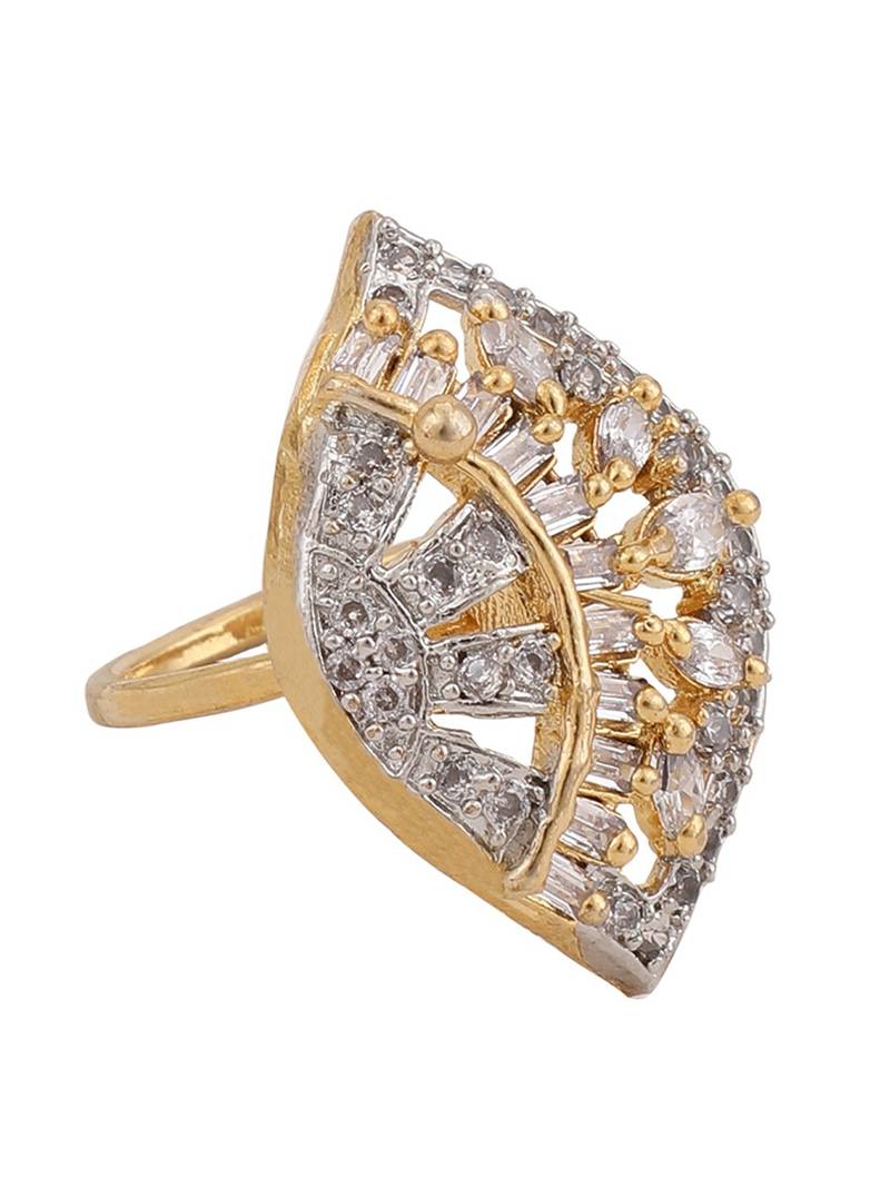 Styylo Fashion Gold Plated White American Diamond Studded Adjustable Cocktail Ring