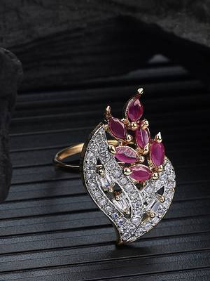Styylo Fashion White and Magenta American Diamond Studded Leaf Motif Ring 1