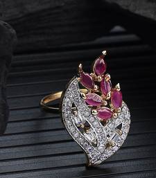 Styylo Fashion White and Magenta American Diamond Studded Leaf Motif Ring