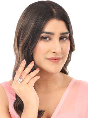 Styylo Fashion White and Magenta American Diamond Studded Leaf Motif Ring 2