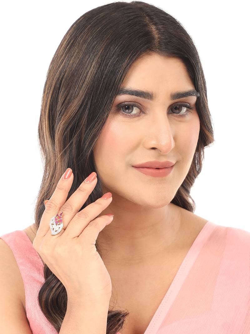 Styylo Fashion White and Magenta American Diamond Studded Leaf Motif Ring