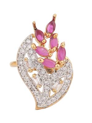Styylo Fashion White and Magenta American Diamond Studded Leaf Motif Ring 3