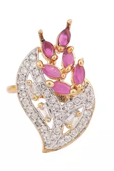 Styylo Fashion White and Magenta American Diamond Studded Leaf Motif Ring