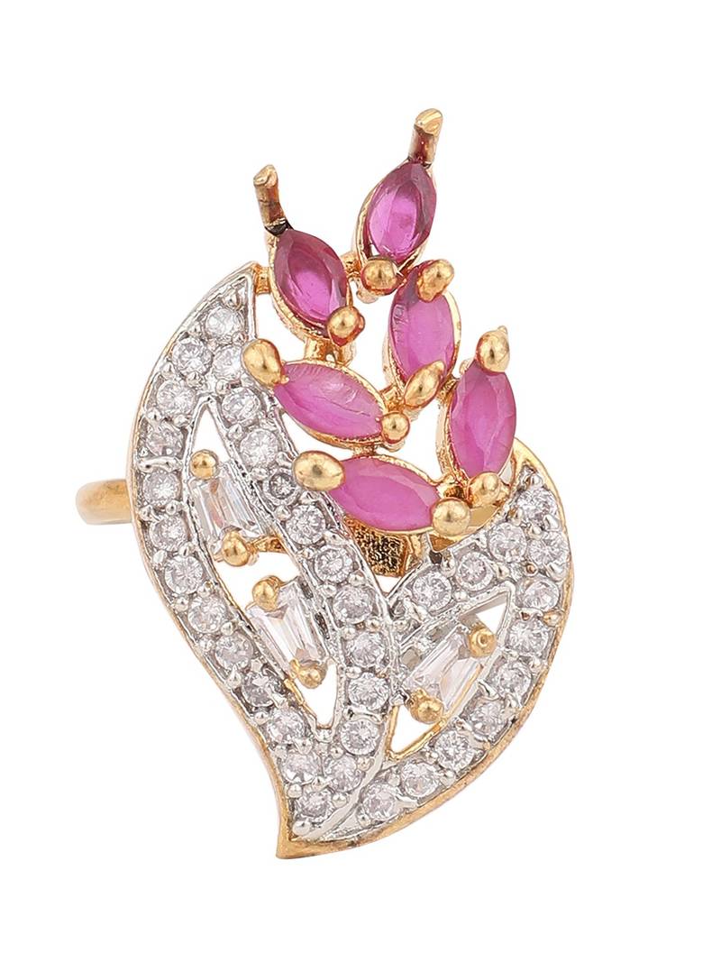 Styylo Fashion White and Magenta American Diamond Studded Leaf Motif Ring
