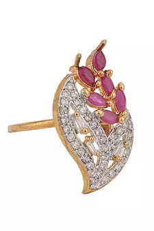 Styylo Fashion White and Magenta American Diamond Studded Leaf Motif Ring