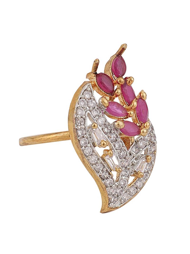 Styylo Fashion White and Magenta American Diamond Studded Leaf Motif Ring