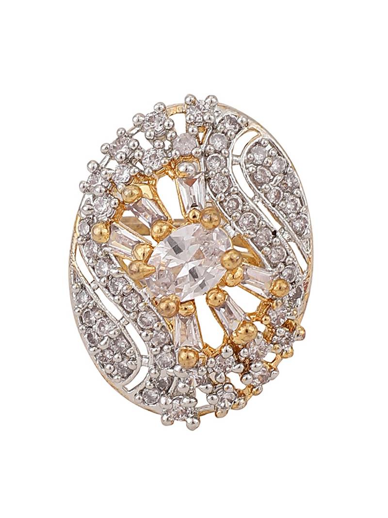 Styylo Fashion Oval Shape Gold Plated White CZ Stone Studded Cocktail Ring