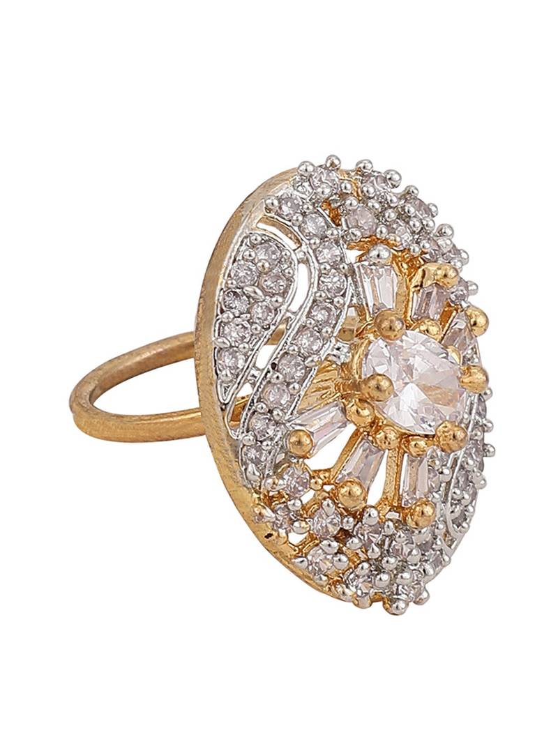 Styylo Fashion Oval Shape Gold Plated White CZ Stone Studded Cocktail Ring