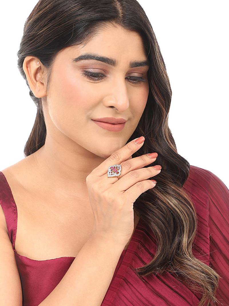 Styylo Fashion Designer Classy Look American Diamond Magenta White Cocktail Ring