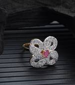 Styylo Fashion White and Magenta American Diamond Studded Floral Motif Cocktail Ring