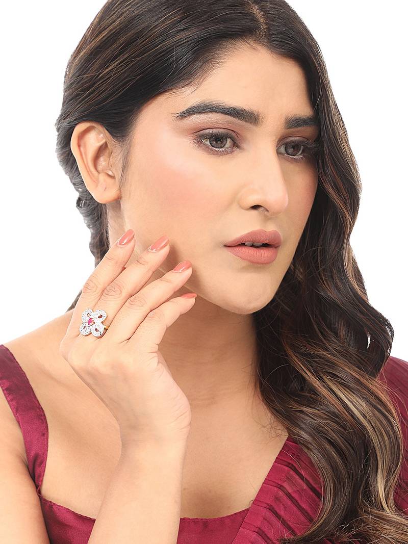 Styylo Fashion White and Magenta American Diamond Studded Floral Motif Cocktail Ring