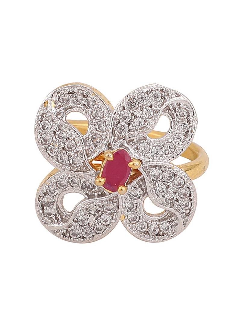 Styylo Fashion White and Magenta American Diamond Studded Floral Motif Cocktail Ring