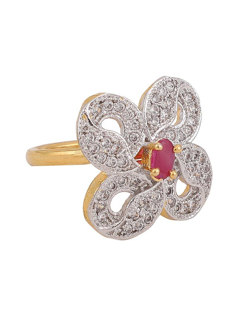 Styylo Fashion White and Magenta American Diamond Studded Floral Motif Cocktail Ring